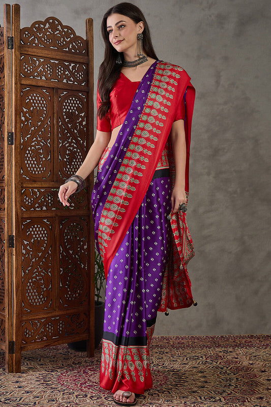Lassitude Purple Ajrakh Printed Semi Modal Silk Saree With Majestic Blouse Piece