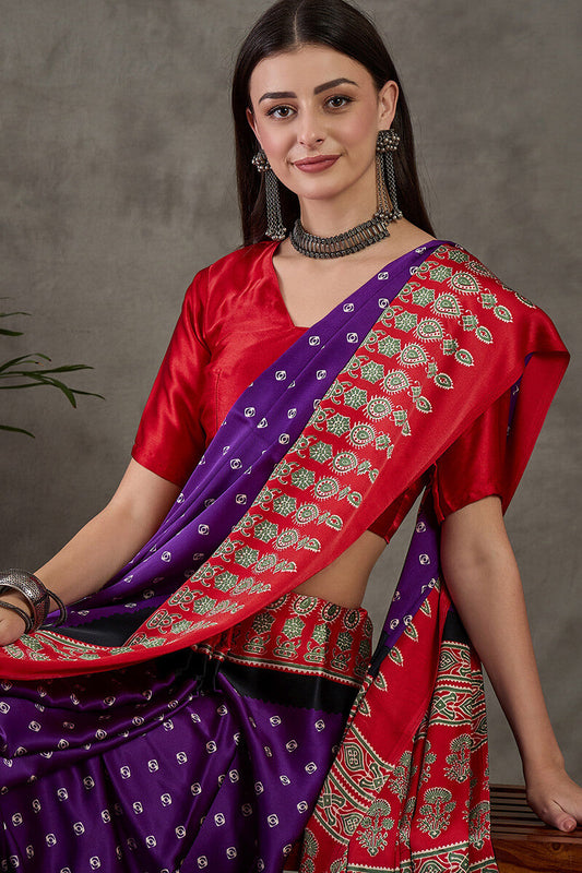 Lassitude Purple Ajrakh Printed Semi Modal Silk Saree With Majestic Blouse Piece