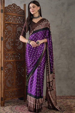 Chatoyant Royal Purple Ajrakh Printed Semi Modal Silk Saree With Glowing Blouse Piece