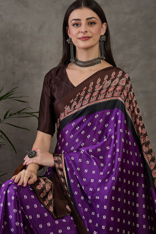 Chatoyant Royal Purple Ajrakh Printed Semi Modal Silk Saree With Glowing Blouse Piece