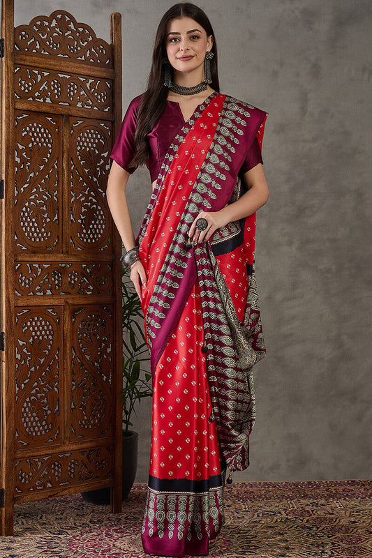 Quixotic Red Ajrakh Printed Semi Modal Silk Saree With Verdant Blouse Piece