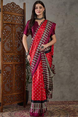 Quixotic Red Ajrakh Printed Semi Modal Silk Saree With Verdant Blouse Piece