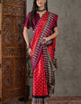 Quixotic Red Ajrakh Printed Semi Modal Silk Saree With Verdant Blouse Piece