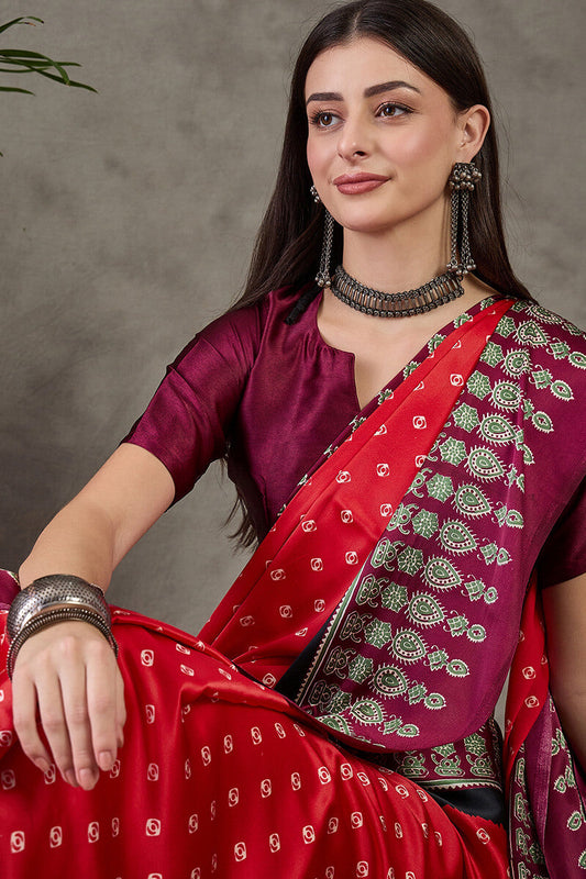 Quixotic Red Ajrakh Printed Semi Modal Silk Saree With Verdant Blouse Piece