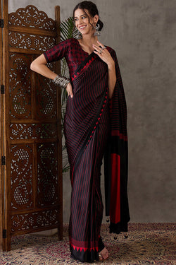 Imaginative Black Ajrakh Printed Semi Modal Silk Saree With Sophisticated Blouse Piece