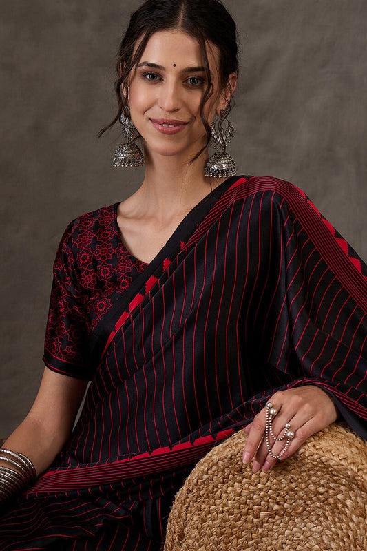 Imaginative Black Ajrakh Printed Semi Modal Silk Saree With Sophisticated Blouse Piece