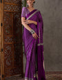 Engrossing Purple Ajrakh Printed Semi Modal Silk Saree With Denouement Blouse Piece