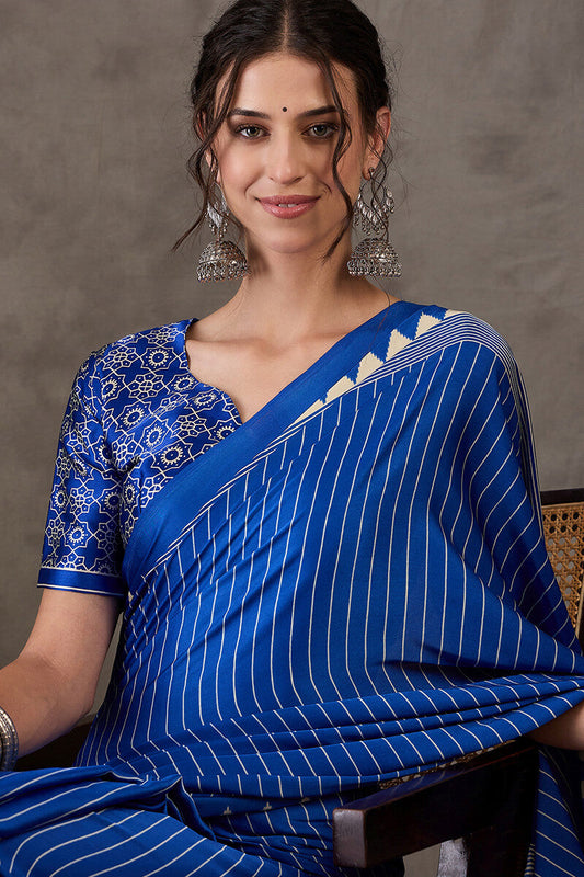 Most Sumptuous Blue Ajrakh Printed Semi Modal Silk Saree With Petrichor Blouse Piece