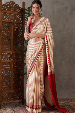 Prodigal Beige Ajrakh Printed Semi Modal Silk Saree With Fancifull Blouse Piece