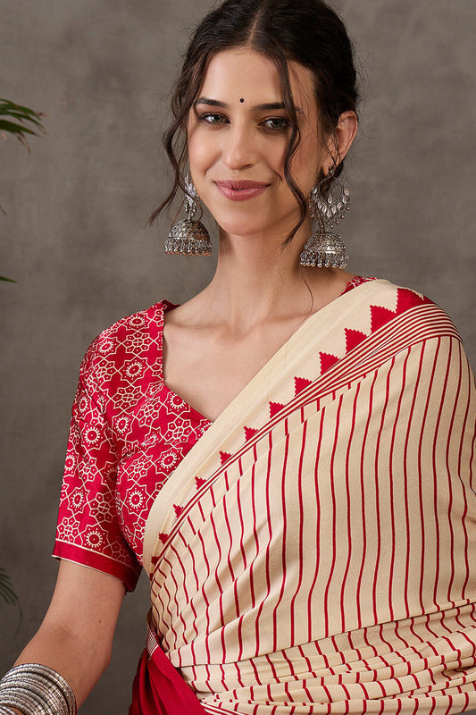 Prodigal Beige Ajrakh Printed Semi Modal Silk Saree With Fancifull Blouse Piece