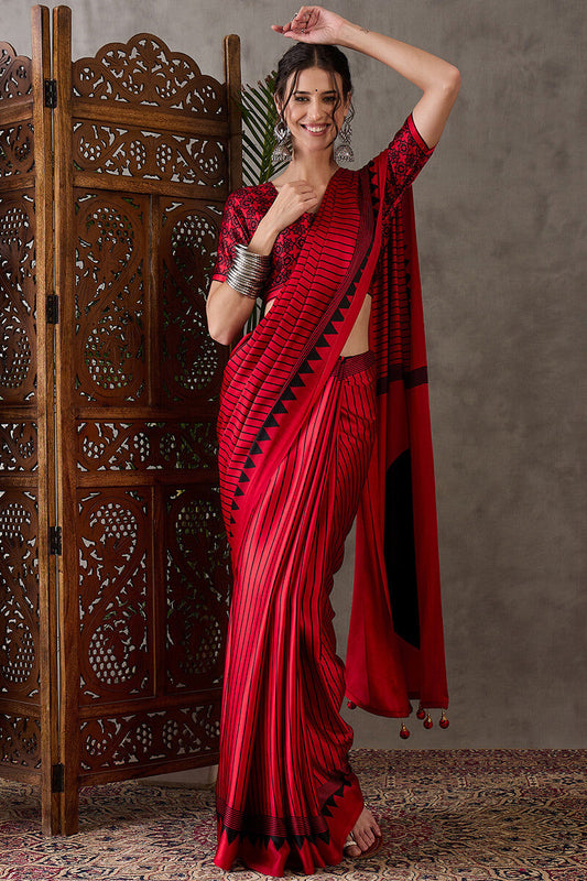 Sempiternal Red Ajrakh Printed Semi Modal Silk Saree With Staring Blouse Piece