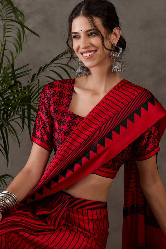 Sempiternal Red Ajrakh Printed Semi Modal Silk Saree With Staring Blouse Piece