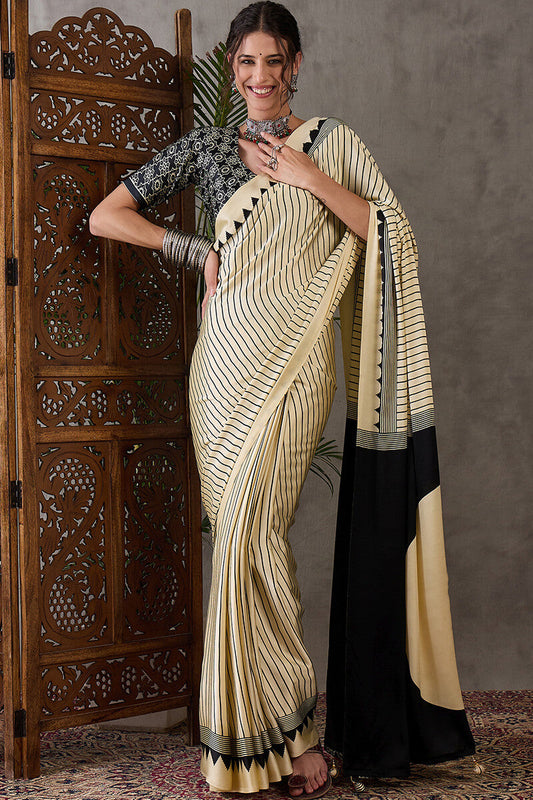 Magnetic Beige Ajrakh Printed Semi Modal Silk Saree With Confounding Blouse Piece
