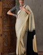 Magnetic Beige Ajrakh Printed Semi Modal Silk Saree With Confounding Blouse Piece