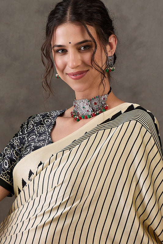 Magnetic Beige Ajrakh Printed Semi Modal Silk Saree With Confounding Blouse Piece