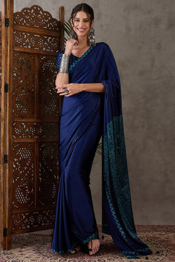 Inspiring Navy Blue Ajrakh Printed Semi Modal Silk Saree With Eye-catching Blouse Piece