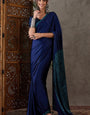 Inspiring Navy Blue Ajrakh Printed Semi Modal Silk Saree With Eye-catching Blouse Piece