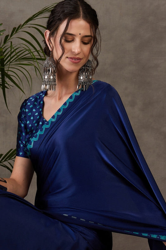 Inspiring Navy Blue Ajrakh Printed Semi Modal Silk Saree With Eye-catching Blouse Piece