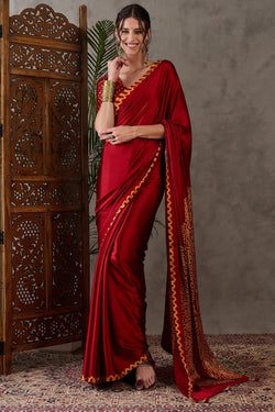 Gratifying Red Ajrakh Printed Semi Modal Silk Saree With Amazing Blouse Piece
