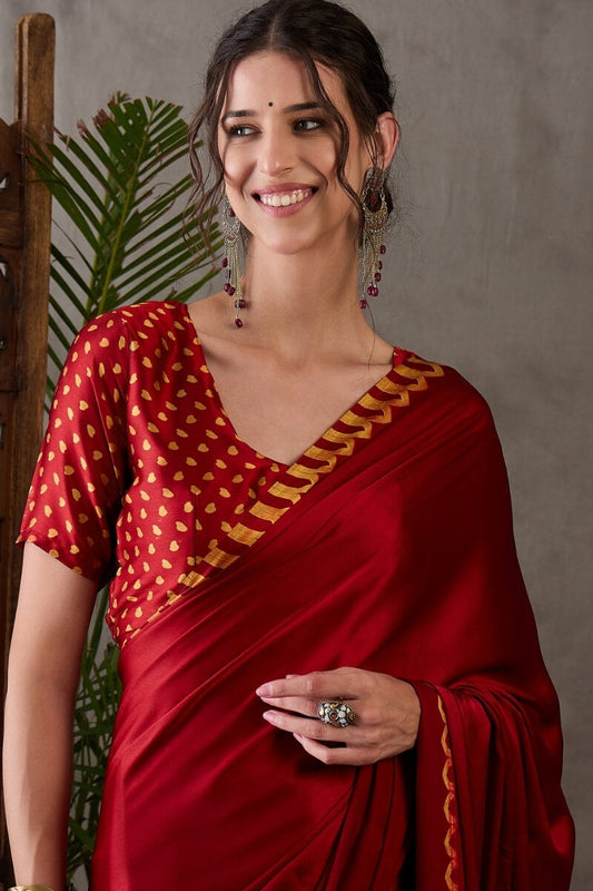 Gratifying Red Ajrakh Printed Semi Modal Silk Saree With Amazing Blouse Piece
