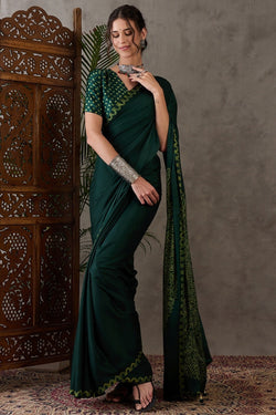 Embrocation Dark Green Ajrakh Printed Semi Modal Silk Saree With Symmetrical Blouse Piece