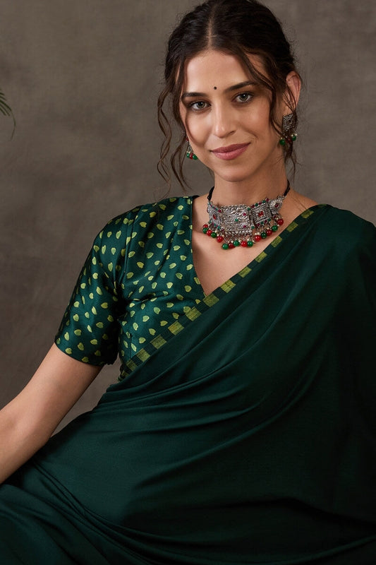 Embrocation Dark Green Ajrakh Printed Semi Modal Silk Saree With Symmetrical Blouse Piece
