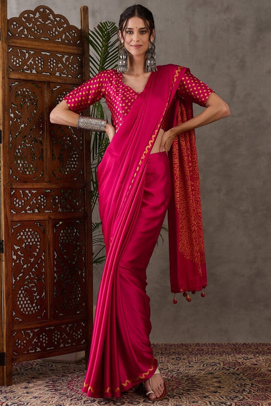 Sizzling Dark Pink Ajrakh Printed Semi Modal Silk Saree With Desirable Blouse Piece