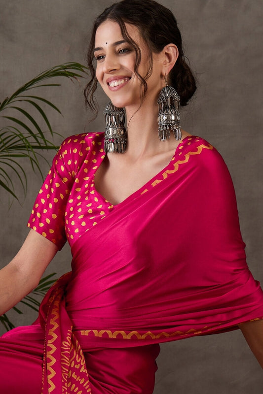 Sizzling Dark Pink Ajrakh Printed Semi Modal Silk Saree With Desirable Blouse Piece