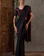 Super classy Black Ajrakh Printed Semi Modal Silk Saree With Demanding Blouse Piece