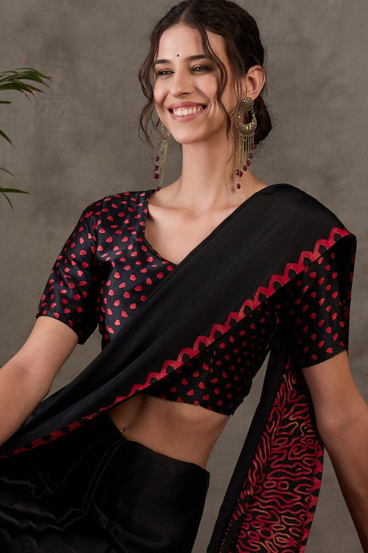 Super classy Black Ajrakh Printed Semi Modal Silk Saree With Demanding Blouse Piece