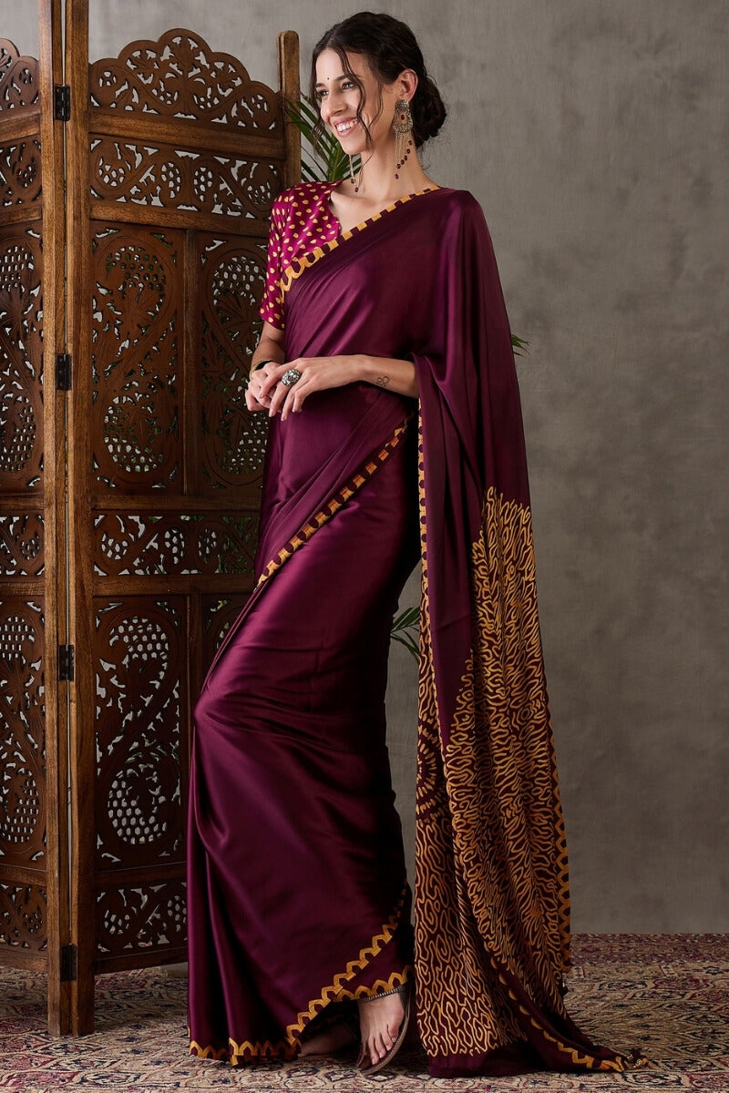 Proficient Wine Ajrakh Printed Semi Modal Silk Saree With Extraordinar ...