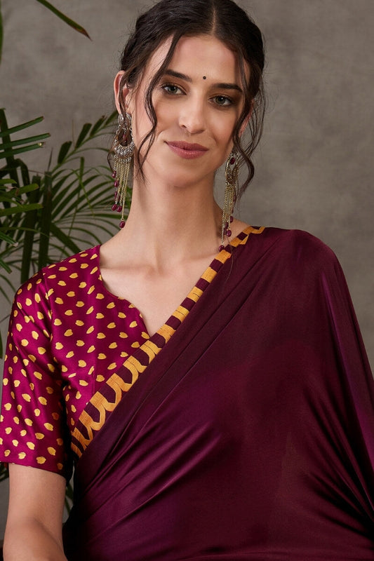 Proficient Wine Ajrakh Printed Semi Modal Silk Saree With Extraordinary Blouse Piece
