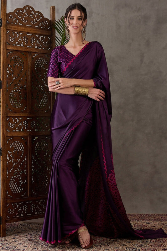 Diaphanous Purple Ajrakh Printed Semi Modal Silk Saree With Felicitous Blouse Piece
