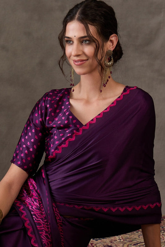 Diaphanous Purple Ajrakh Printed Semi Modal Silk Saree With Felicitous Blouse Piece