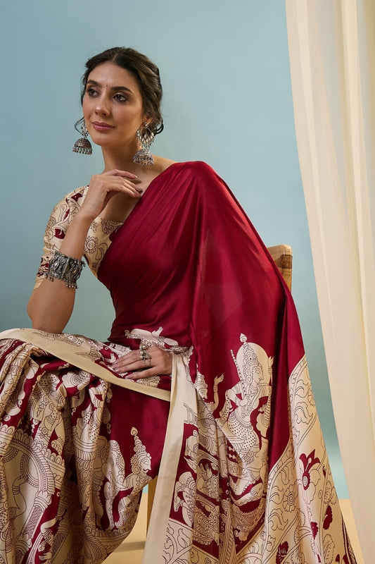Piquant Red Ajrakh Printed Semi Modal Silk Saree With Lustrous Blouse Piece