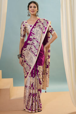 Beauteous Purple Ajrakh Printed Semi Modal Silk Saree With Beguiling Blouse Piece