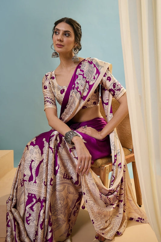 Beauteous Purple Ajrakh Printed Semi Modal Silk Saree With Beguiling Blouse Piece