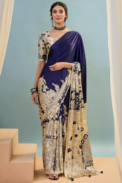 Elaborate Navy Blue Ajrakh Printed Semi Modal Silk Saree With Elision Blouse Piece