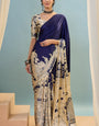 Elaborate Navy Blue Ajrakh Printed Semi Modal Silk Saree With Elision Blouse Piece