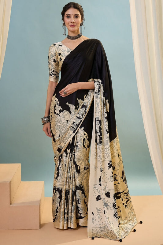 Panoply Black Ajrakh Printed Semi Modal Silk Saree With Cynosure Blouse Piece