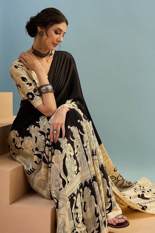 Panoply Black Ajrakh Printed Semi Modal Silk Saree With Cynosure Blouse Piece