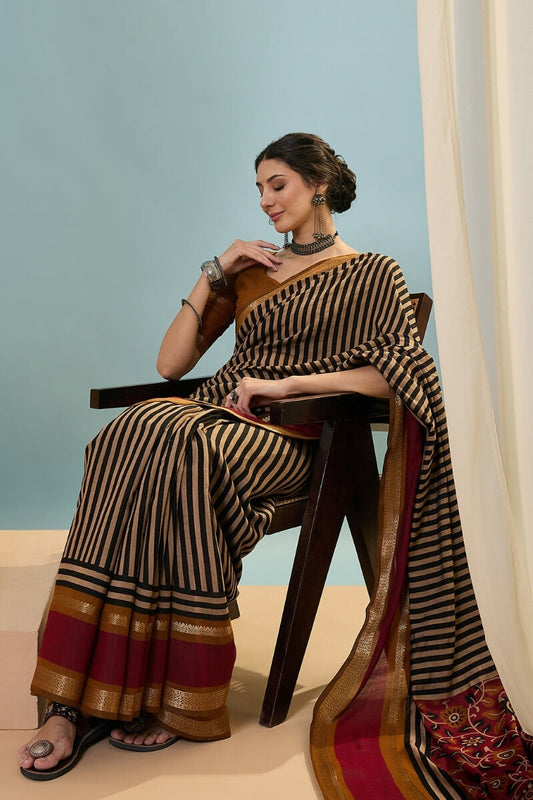 Desiring Black Printed Cotton Silk Saree With Supernal Blouse Piece