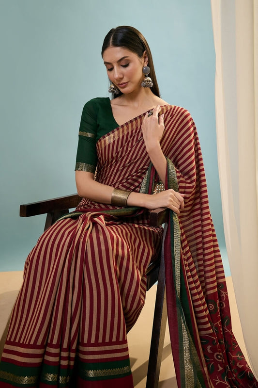 Ebullience Red Printed Cotton Silk Saree With Incomparable Blouse Piece