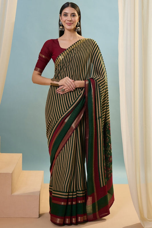 Engaging Dark Green Printed Cotton Silk Saree With Imbrication Blouse Piece