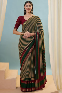Engaging Dark Green Printed Cotton Silk Saree With Imbrication Blouse Piece