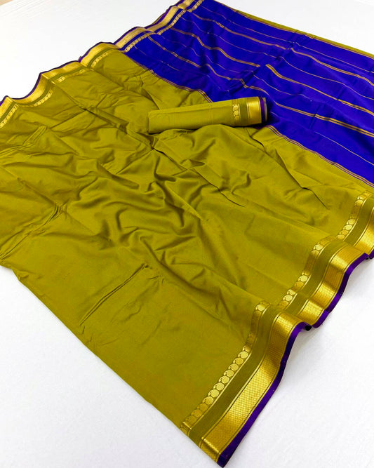 Precious Mehndi Soft Silk Saree With Ravishing Blouse Piece
