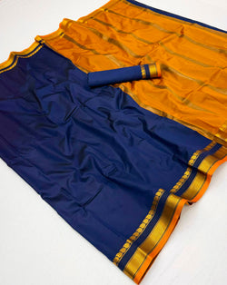 Cynosure Navy Blue Soft Silk Saree With Panoply Blouse Piece