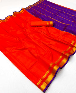 Diaphanous Red Soft Silk Saree With Lovely Blouse Piece