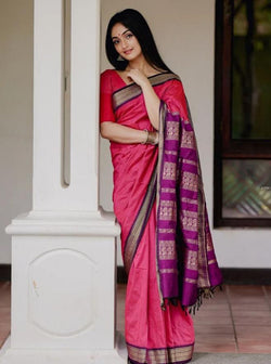 Snazzy Pink Soft Banarasi Silk Saree With Luxuriant Blouse Piece