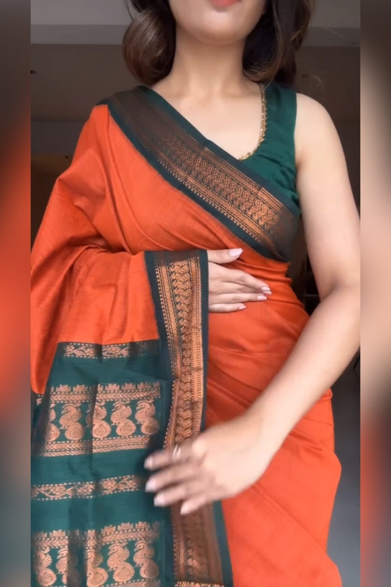 Luxuriant Orange Soft Silk Saree With Elision Blouse Piece